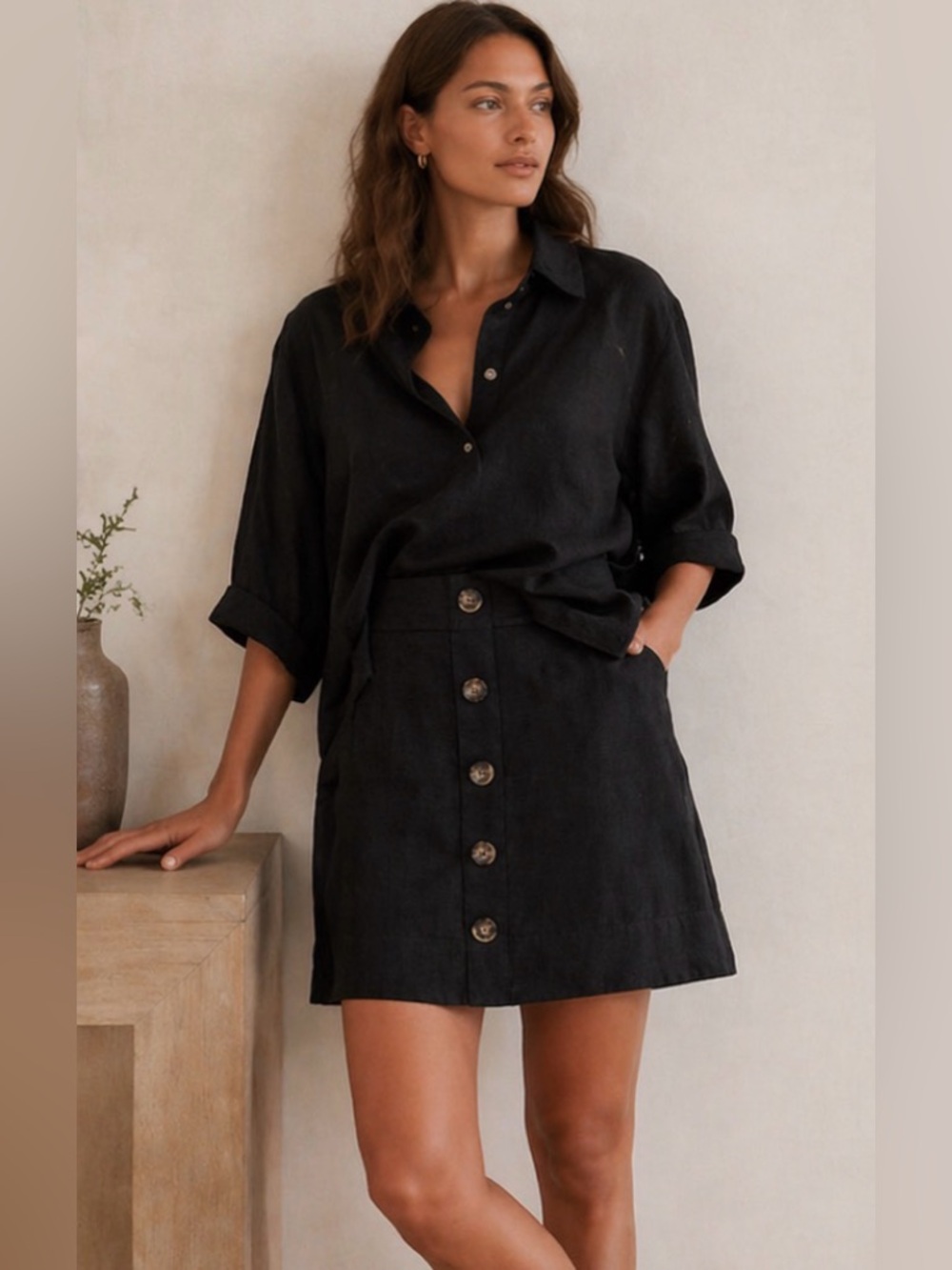 Country Road Button Front Mini Skirt Black Organic French Linen Size 14